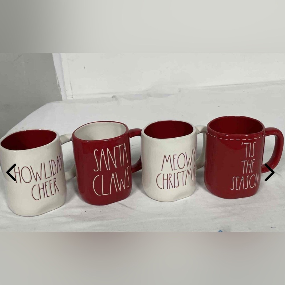 4~ RAE DUNN, Ceramic Holiday Mugs Holiday Cheer Red and White Mug Set 8 oz